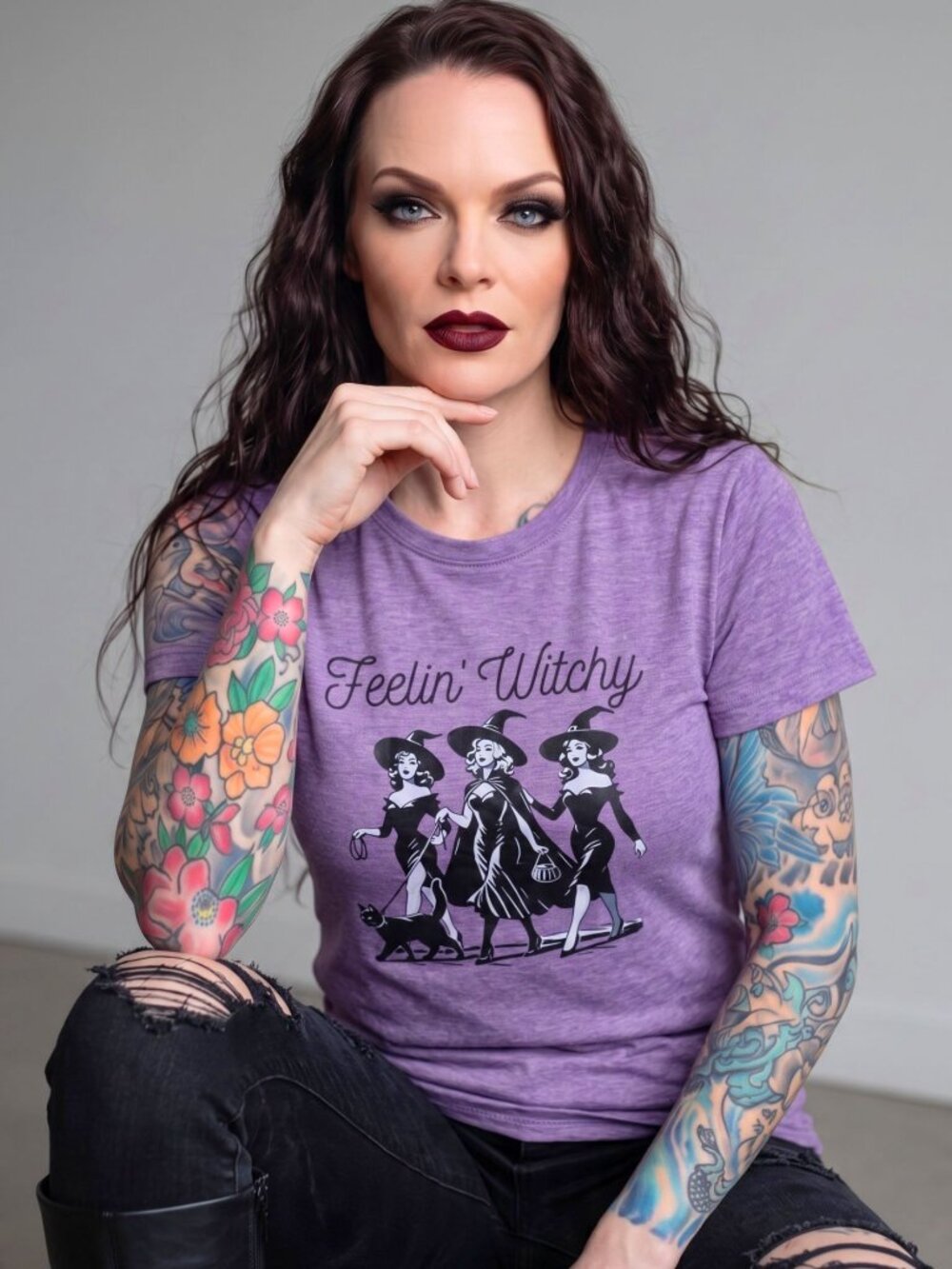 A Gothic Universe Feelin Witchy Retro Witches Black Cat Purple Graphic Tee M New
